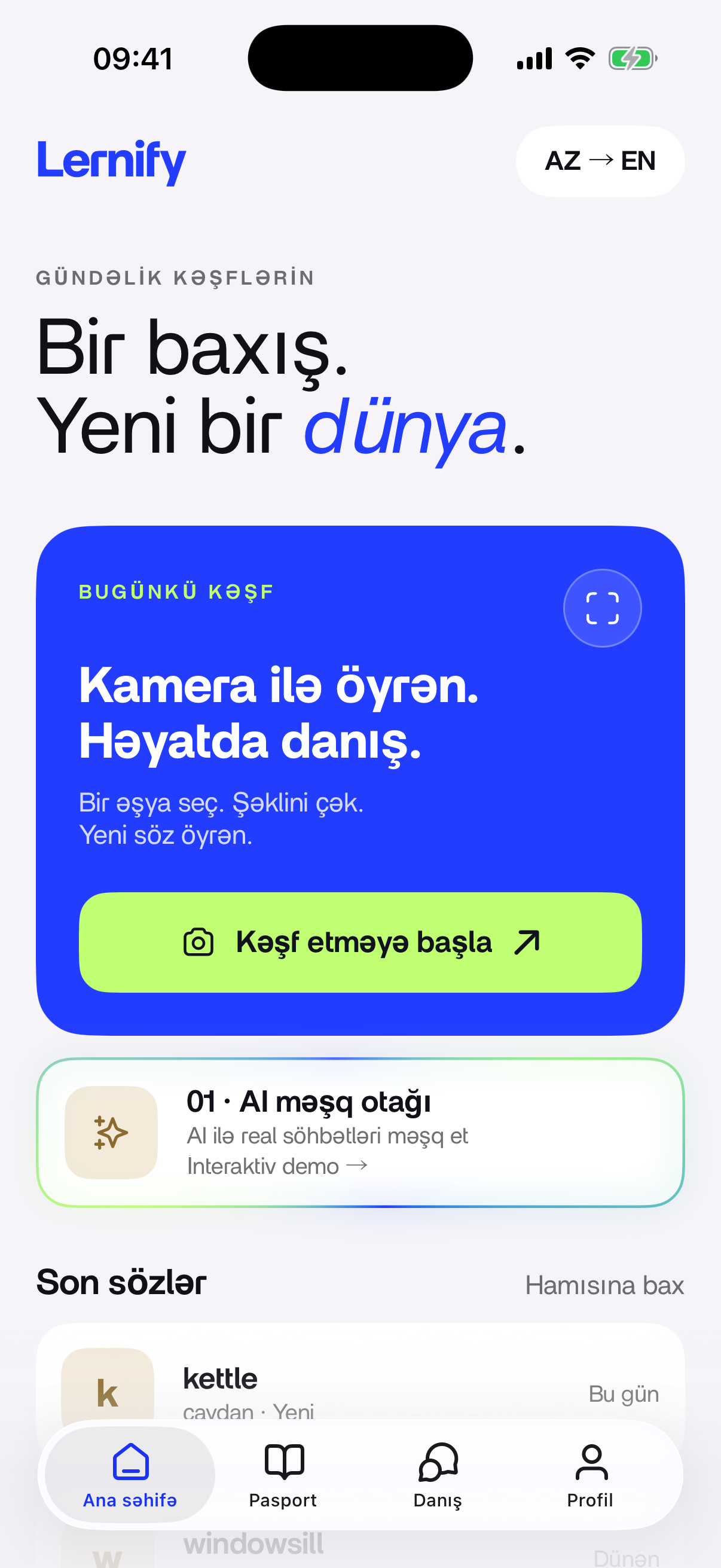 Lernify tətbiqinin əsas ekranı