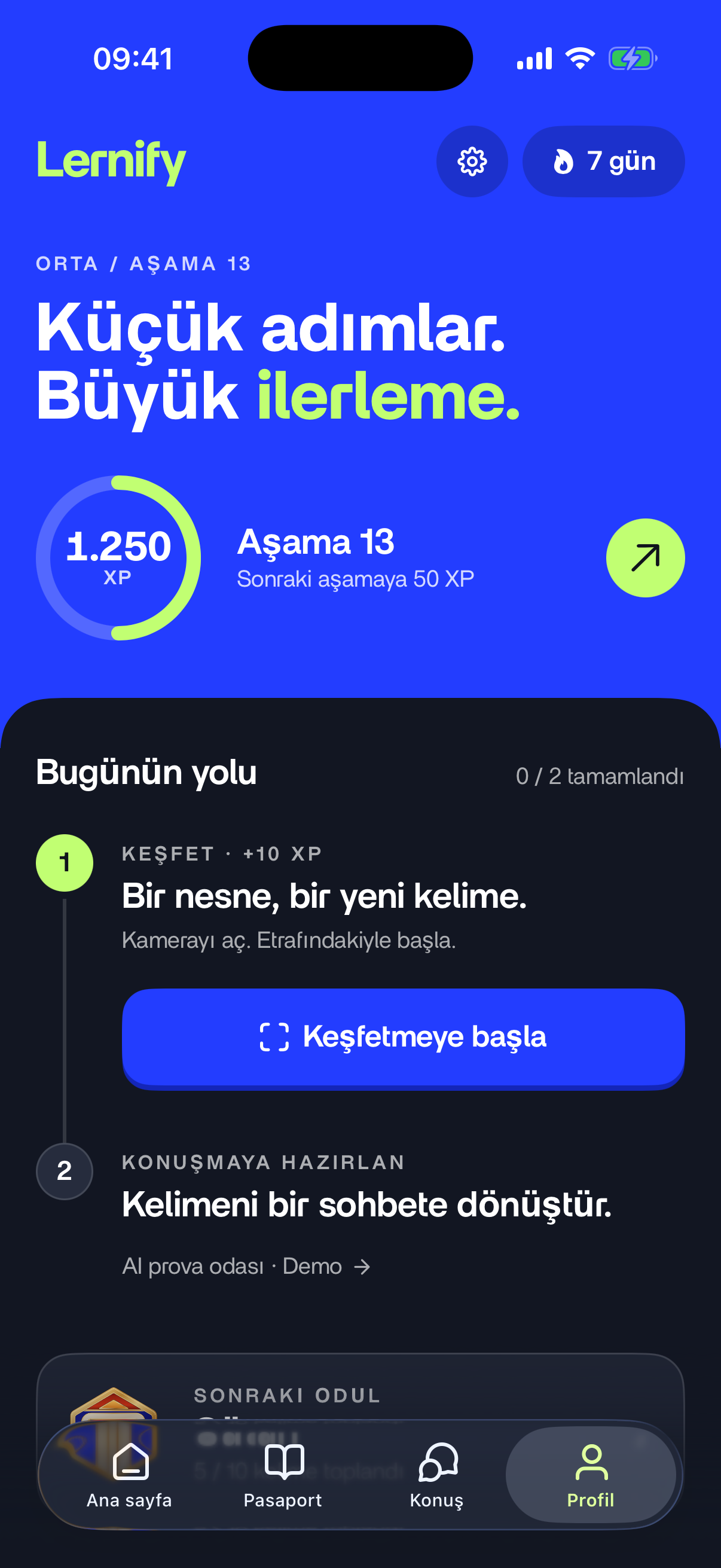 Profil ve ilerleme ekranı