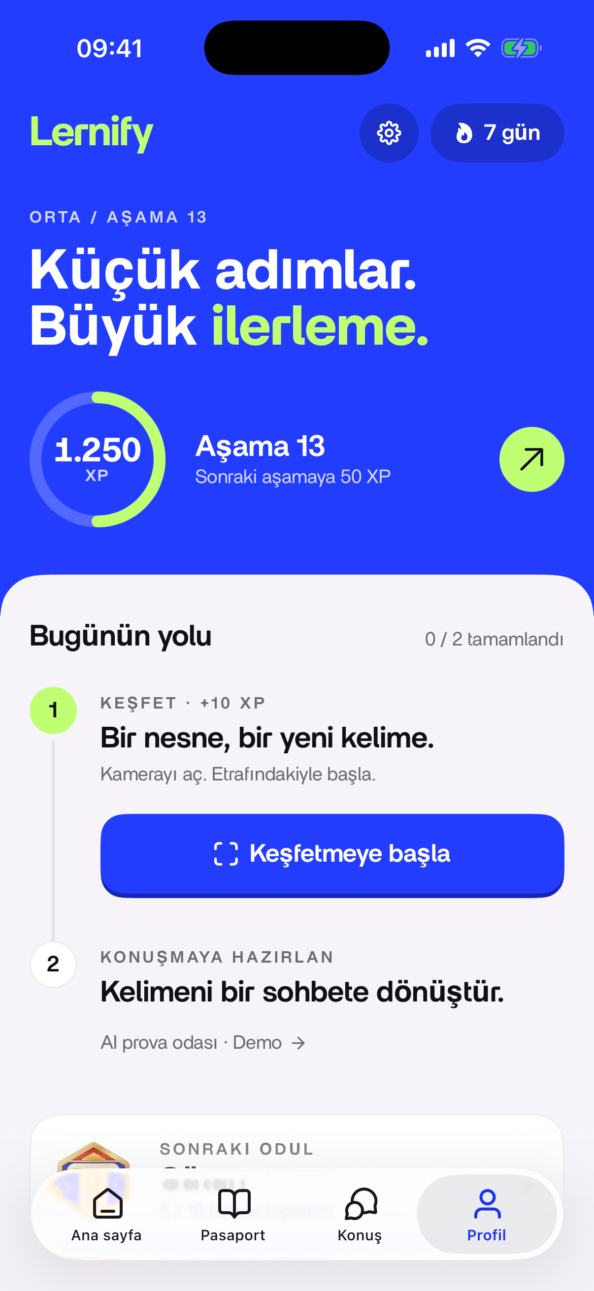 Profil ve ilerleme ekranı